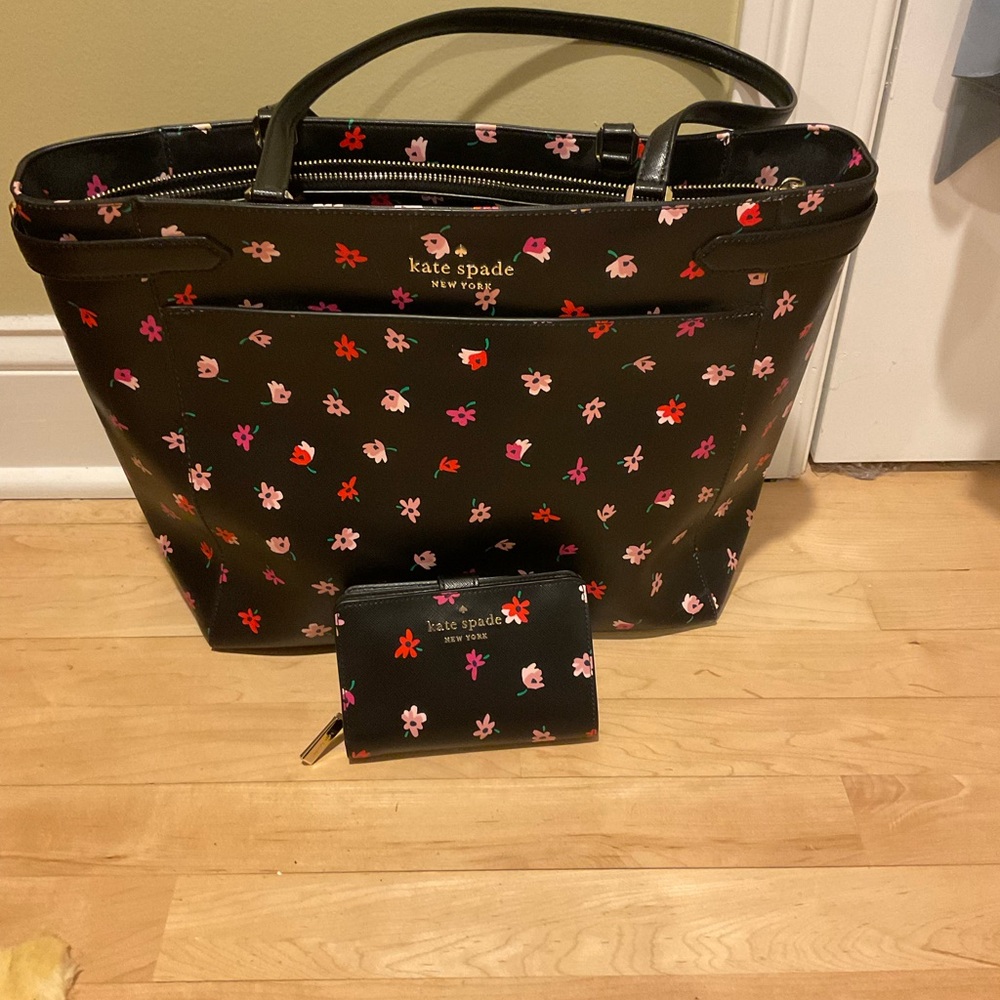 kate spade Black Floral Print Tote and matching wallet